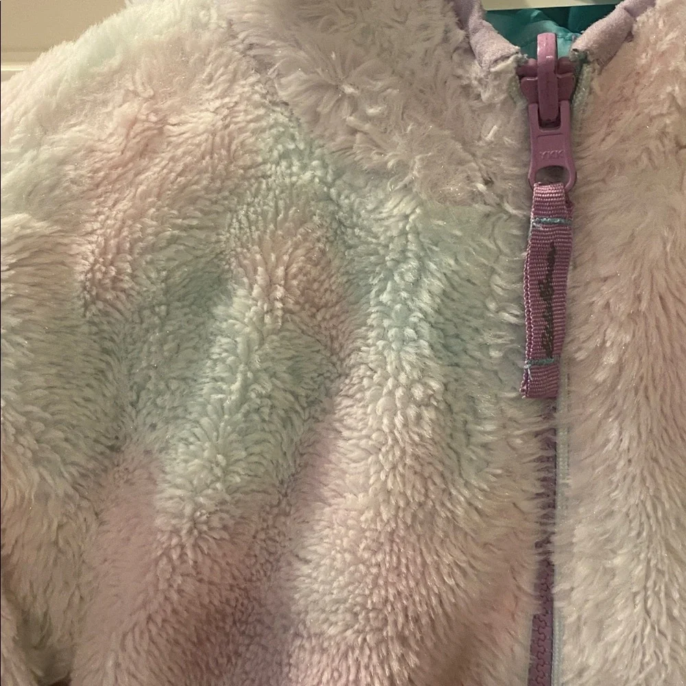 EDDIE BAUER Girls Youth XS 5-6 Reversible Plush Hoodie Zip Jacket Aqua Multi